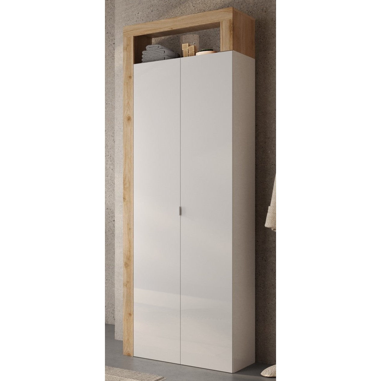 Lorenzo 2 Door White Gloss and Cadiz Oak Tall Bathroom Storage Cupboard - FurniComp