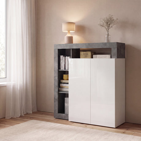 Lorenzo 2 Door White Gloss and Anthracite Tall Sideboard/Highboard - FurniComp