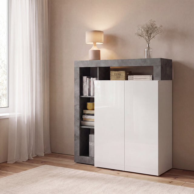 Lorenzo 2 Door White Gloss and Anthracite Tall Sideboard/Highboard - FurniComp