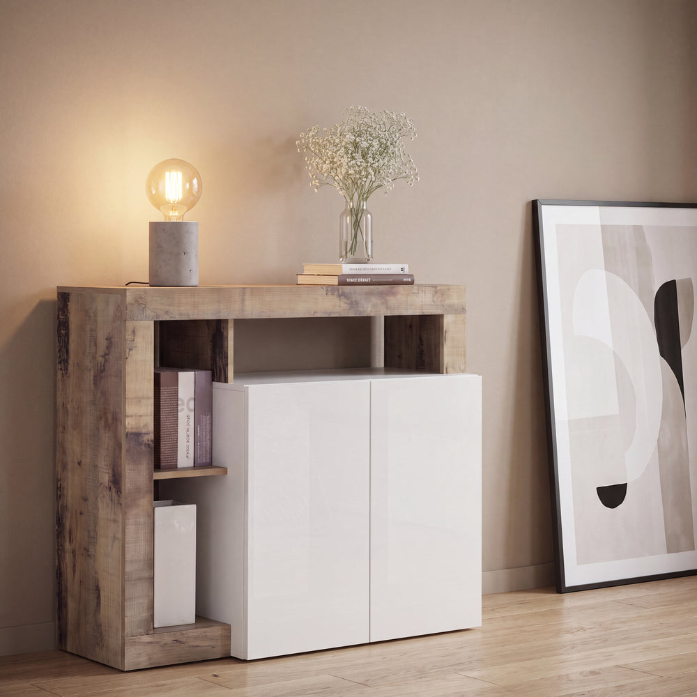 Lorenzo 2 Door White Gloss and Natural Oak Sideboard - FurniComp