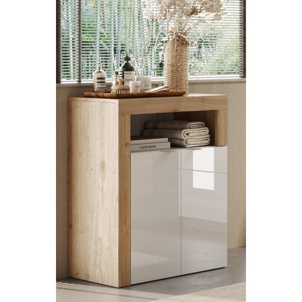 Lorenzo 2 Door White Gloss and Cadiz Oak Large Bathroom Storage Cabinet - FurniComp