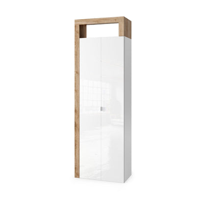 Lorenzo 2 Door White Gloss and Cadiz Oak Tall Bathroom Storage Cupboard - FurniComp