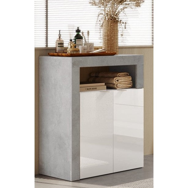 Lorenzo 2 Door White Gloss and Concrete Grey Large Bathroom Storage Cabinet - FurniComp