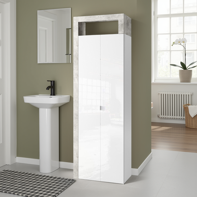 Lorenzo 2 Door White Gloss and Concrete Grey Tall Bathroom Storage Cupboard - FurniComp