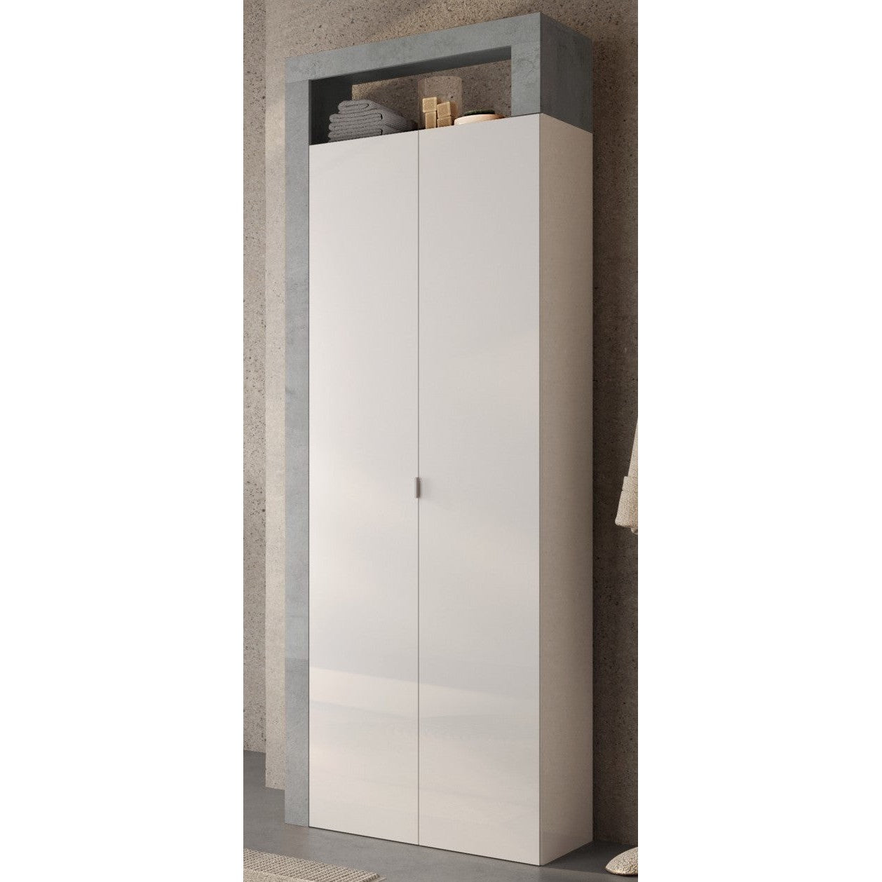 Lorenzo 2 Door White Gloss and Concrete Grey Tall Bathroom Storage Cupboard - FurniComp