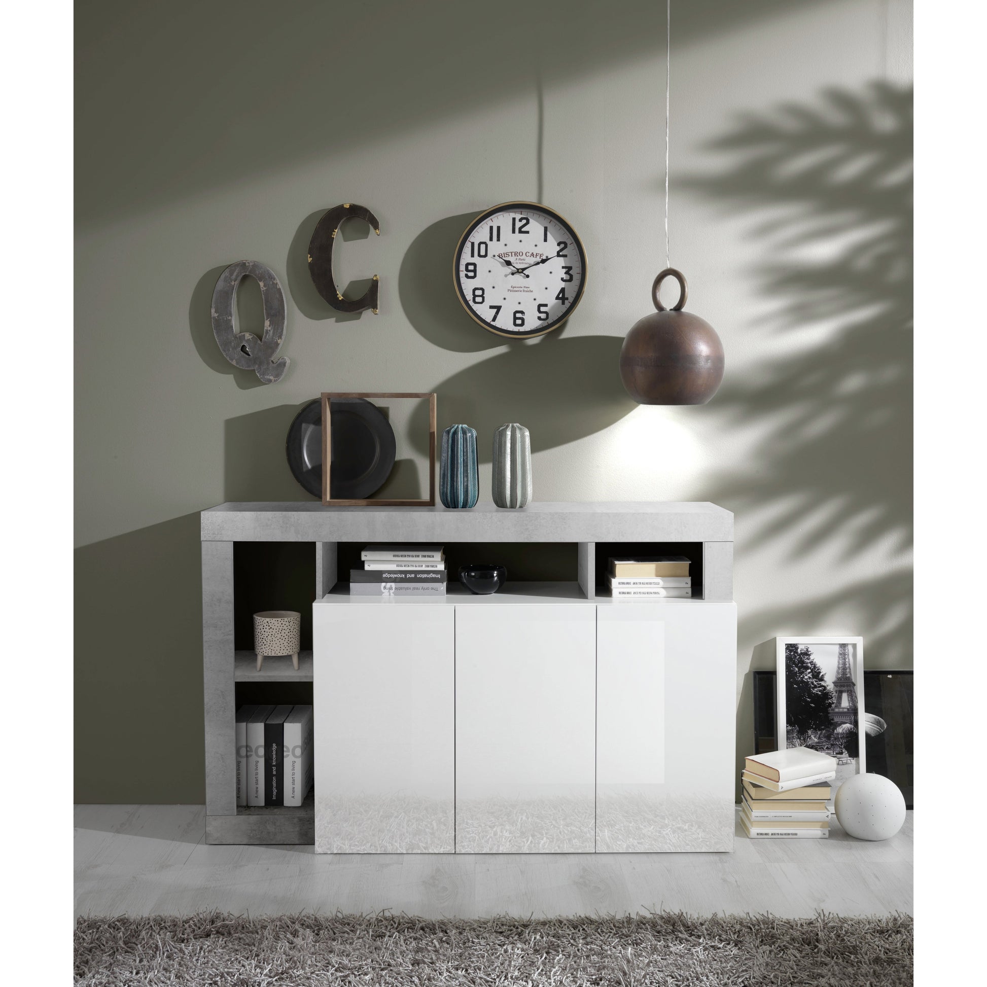 Lorenzo 3 Door White Gloss and Concrete Grey Sideboard - FurniComp