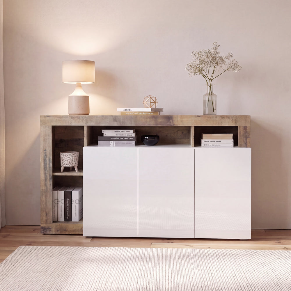 Lorenzo 3 Door White Gloss and Natural Oak Sideboard - FurniComp