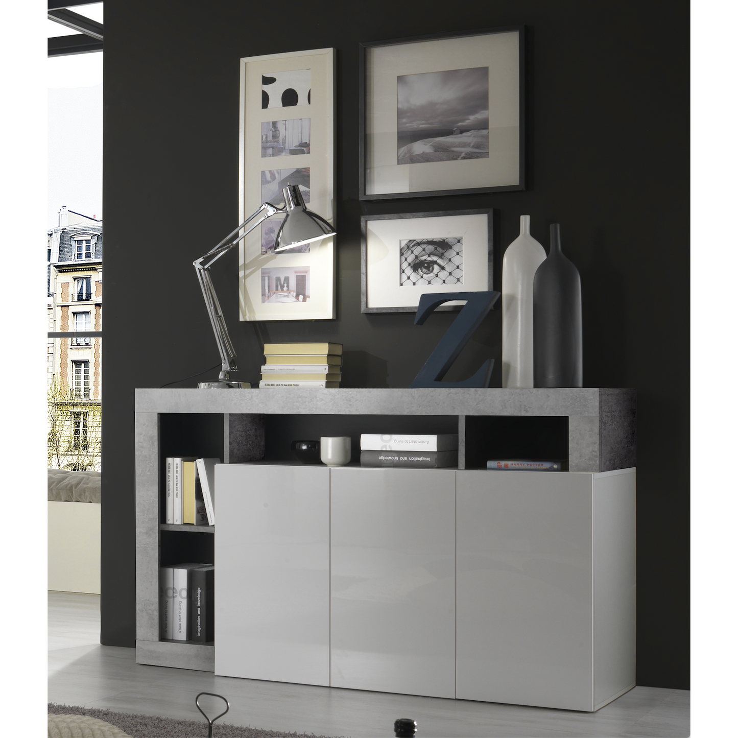 Lorenzo 3 Door White Gloss and Concrete Grey Sideboard - FurniComp