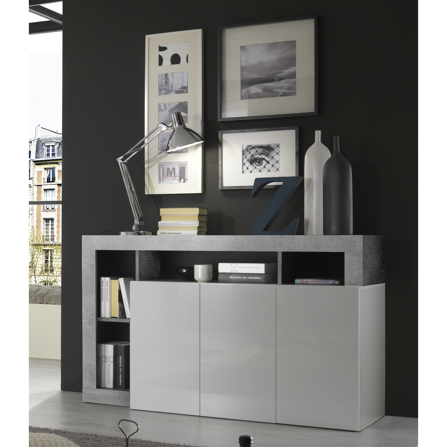 Lorenzo 3 Door White Gloss and Concrete Grey Sideboard - FurniComp