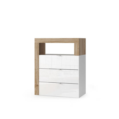 Lorenzo 3 Drawer White Gloss and Cadiz Oak Large Chest of Drawers - FurniComp