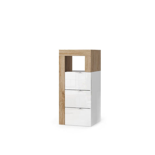 Lorenzo 3 Drawer White Gloss and Cadiz Oak Small Chest of Drawers - FurniComp