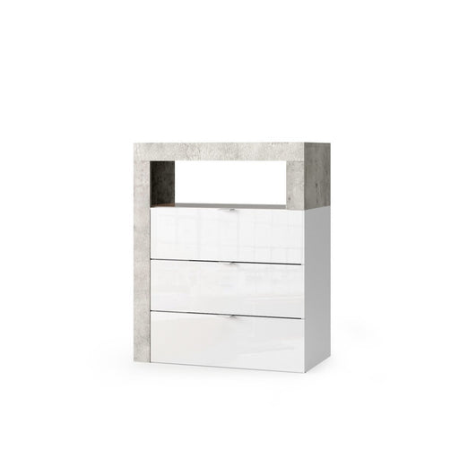Lorenzo 3 Drawer White Gloss and Concrete Grey Large Chest of Drawers - FurniComp