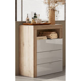 Lorenzo 3 Drawer White Gloss and Cadiz Oak Large Chest of Drawers - FurniComp