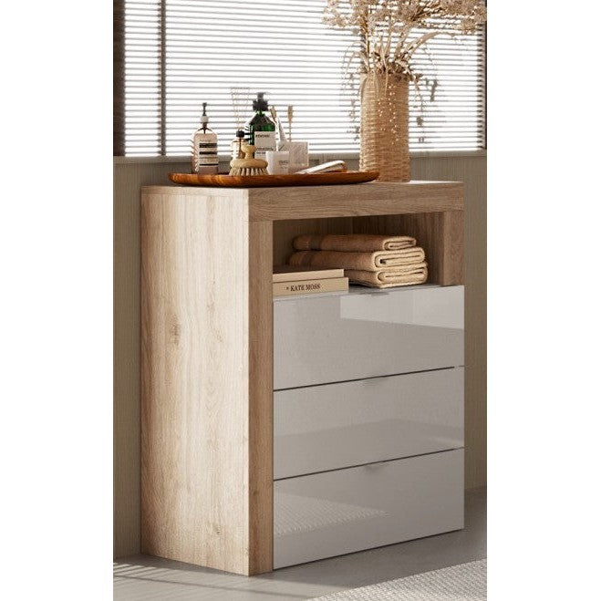 Lorenzo 3 Drawer White Gloss and Cadiz Oak Large Chest of Drawers - FurniComp