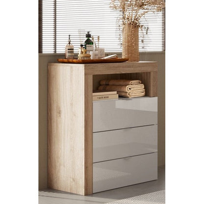 Lorenzo 3 Drawer White Gloss and Cadiz Oak Large Chest of Drawers - FurniComp