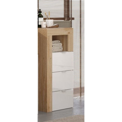 Lorenzo 3 Drawer White Gloss and Cadiz Oak Small Chest of Drawers - FurniComp