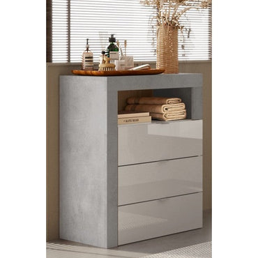 Lorenzo 3 Drawer White Gloss and Concrete Grey Large Chest of Drawers - FurniComp