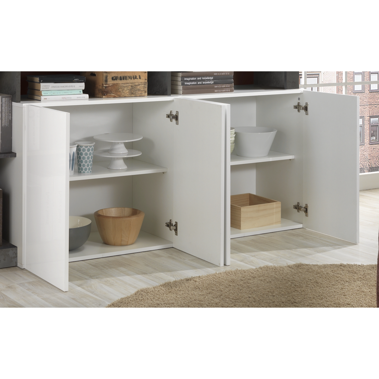 Lorenzo 4 Door White Gloss and Concrete Grey Sideboard - FurniComp