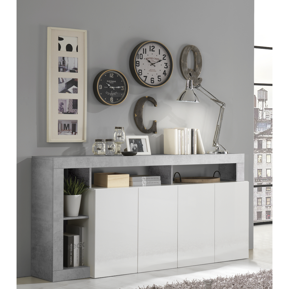 Lorenzo 4 Door White Gloss and Concrete Grey Sideboard - FurniComp