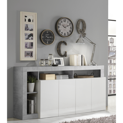 Lorenzo 4 Door White Gloss and Concrete Grey Sideboard - FurniComp