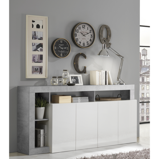 Lorenzo 4 Door White Gloss and Concrete Grey Sideboard - FurniComp