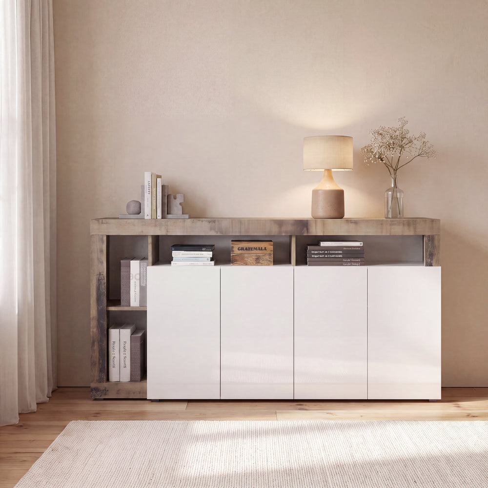 Lorenzo 4 Door White Gloss and Natural Oak Sideboard - FurniComp
