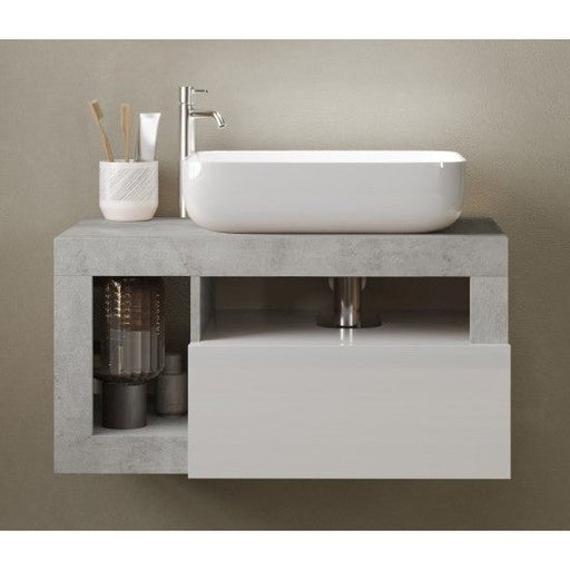 Lorenzo White Gloss & Concrete Grey 1 Drawer 790mm Wall Hung Vanity Unit with Basin - FurniComp
