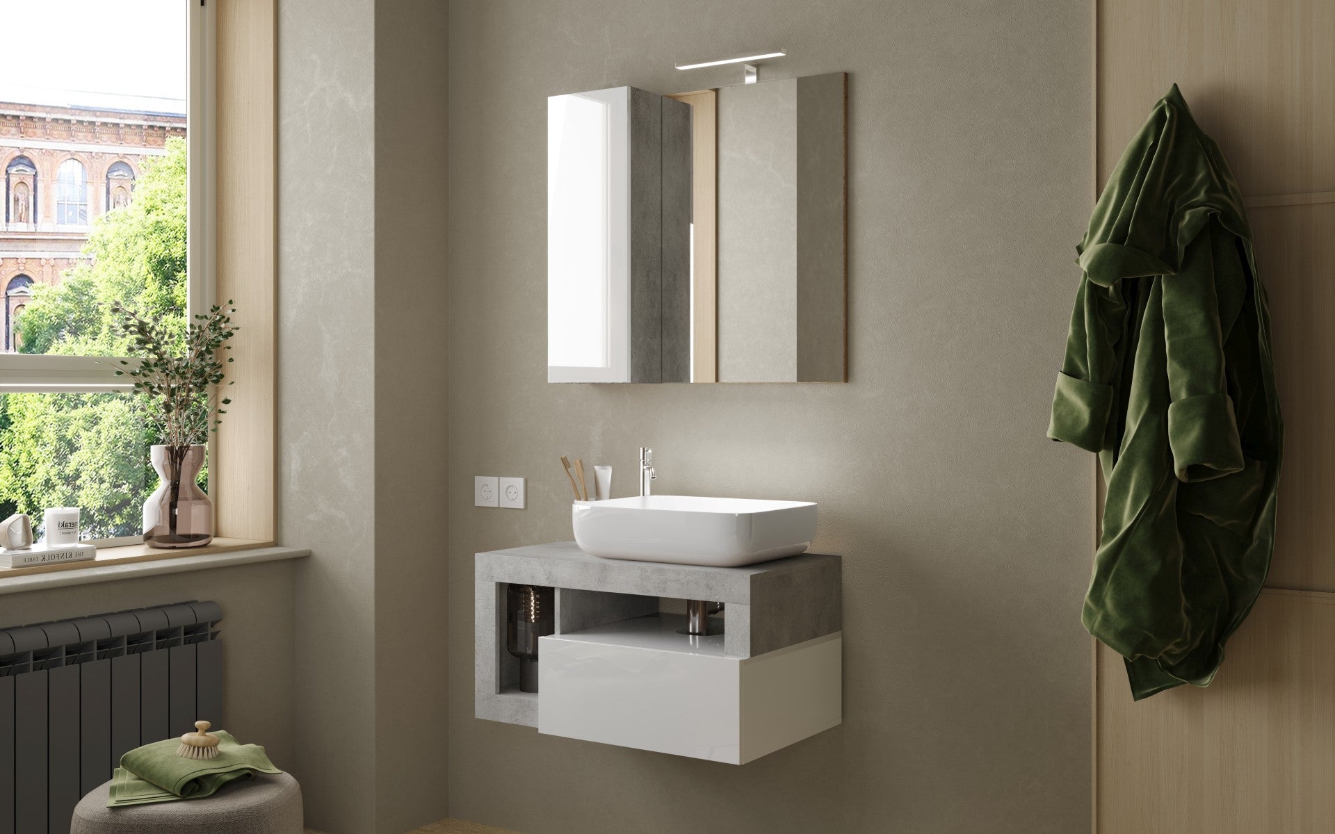 Lorenzo 78cm White Gloss and Concrete Grey Mirrored Bathroom Cabinet With LED Light - FurniComp