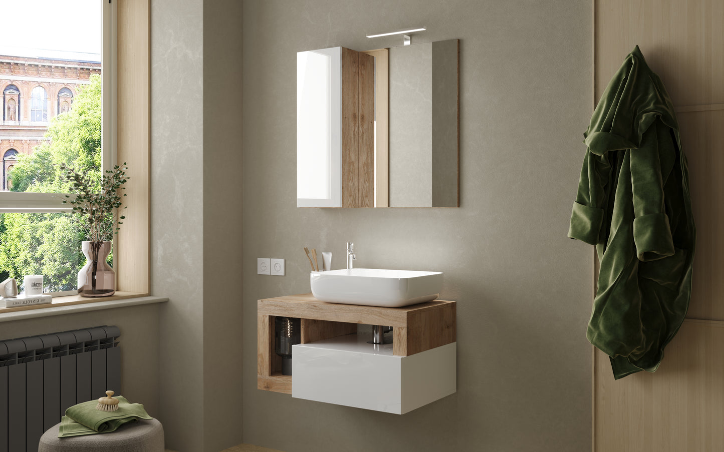 Lorenzo 78cm White Gloss and Cadiz Oak Mirrored Bathroom Cabinet With LED Light - FurniComp