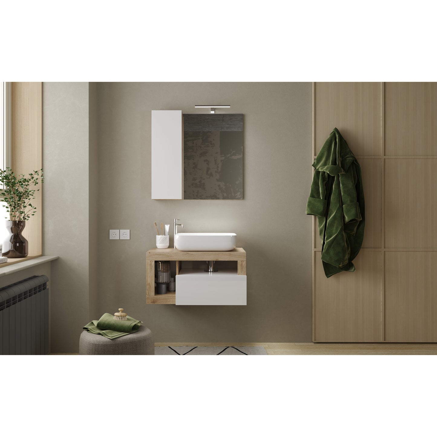 Lorenzo White Gloss & Cadiz Oak 1 Drawer 790mm Wall Hung Vanity Unit with Basin - FurniComp