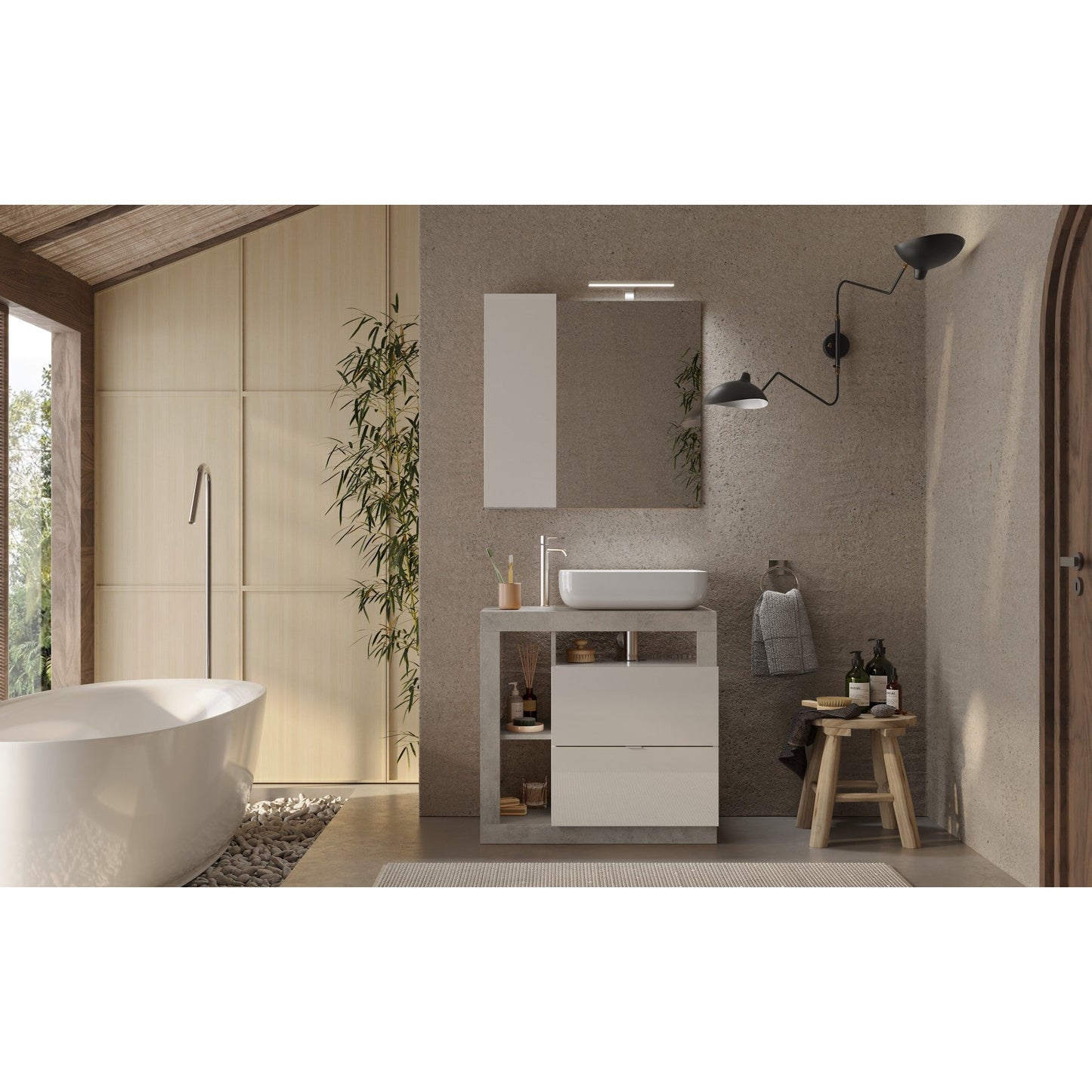 Lorenzo White Gloss & Concrete Grey 2 Drawer 790mm Free Standing Vanity Unit with Basin - FurniComp