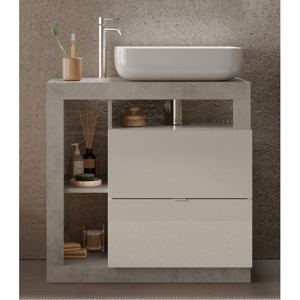 Lorenzo White Gloss & Concrete Grey 2 Drawer 790mm Free Standing Vanity Unit with Basin - FurniComp