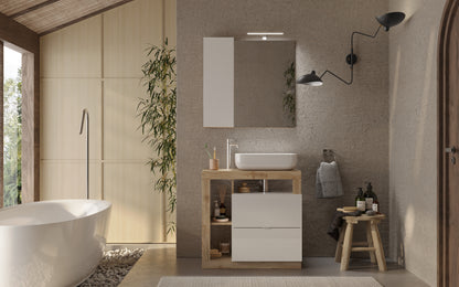 Lorenzo 78cm White Gloss and Cadiz Oak Mirrored Bathroom Cabinet With LED Light - FurniComp