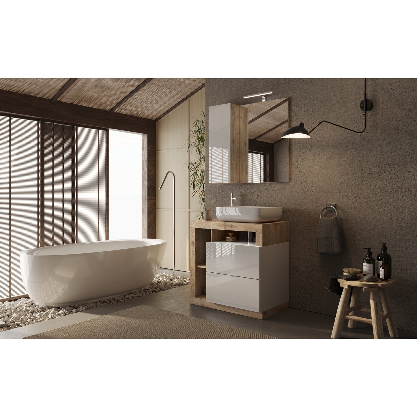 Lorenzo White Gloss & Cadiz Oak 2 Drawer 790mm Free Standing Vanity Unit with Basin - FurniComp