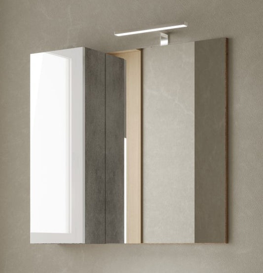 Lorenzo 78cm White Gloss and Concrete Grey Mirrored Bathroom Cabinet With LED Light - FurniComp