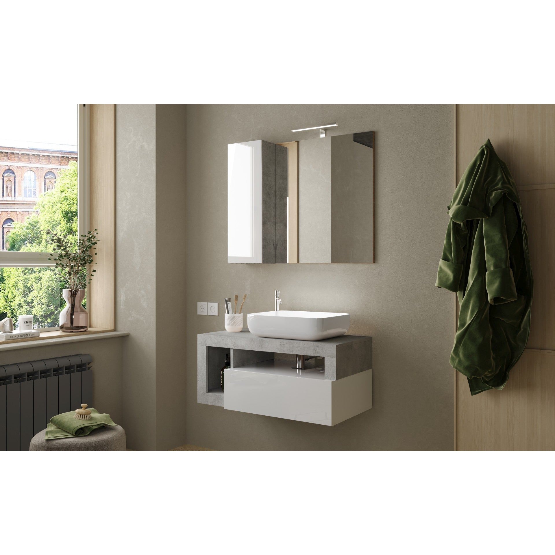 Lorenzo White Gloss & Concrete Grey 1 Drawer 920mm Wall Hung Vanity Unit with Basin - FurniComp