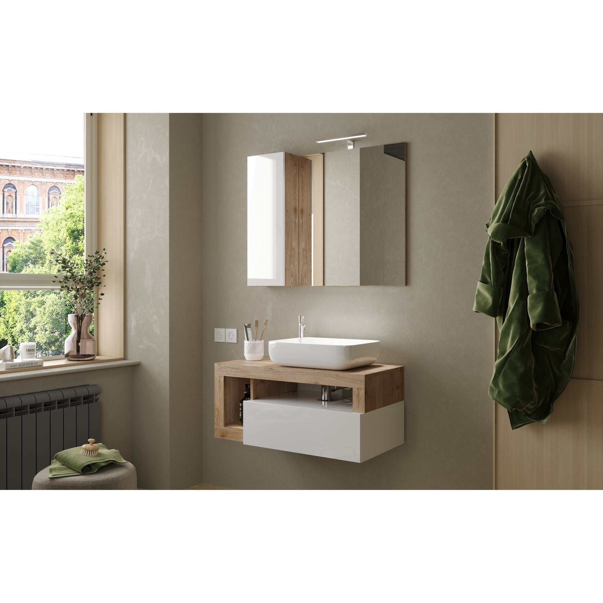 Lorenzo White Gloss & Cadiz Oak 1 Drawer 920mm Wall Hung Vanity Unit with Basin - FurniComp