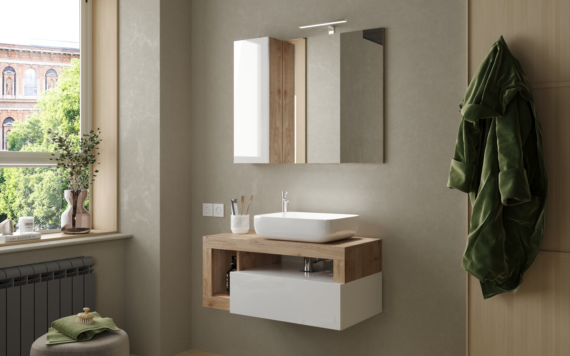 Lorenzo 92cm White Gloss and Cadiz Oak Mirrored Bathroom Cabinet With LED Light - FurniComp