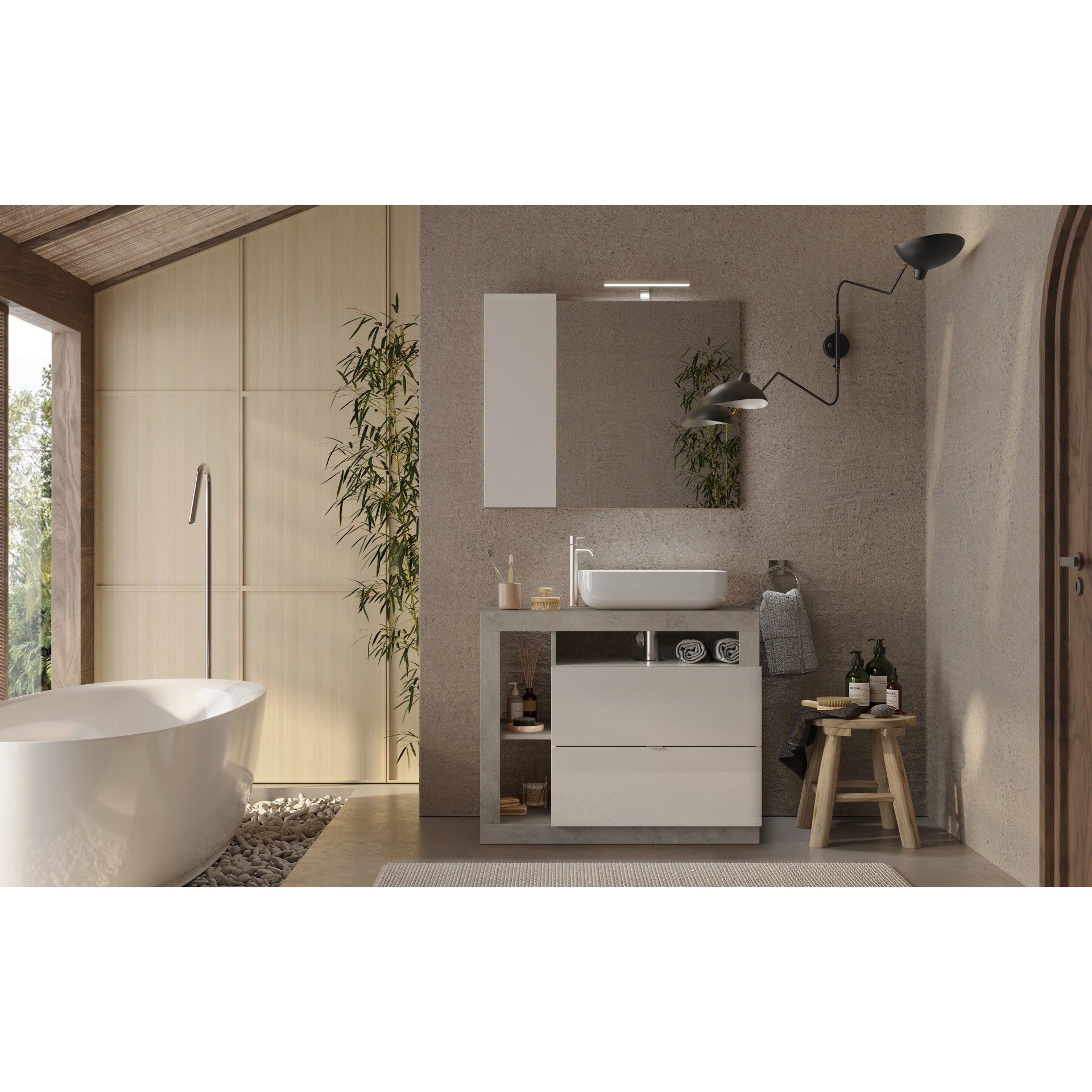 Lorenzo White Gloss & Concrete Grey 2 Drawer 920mm Free Standing Vanity Unit with Basin - FurniComp