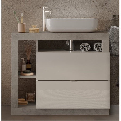 Lorenzo White Gloss & Concrete Grey 2 Drawer 920mm Free Standing Vanity Unit with Basin - FurniComp