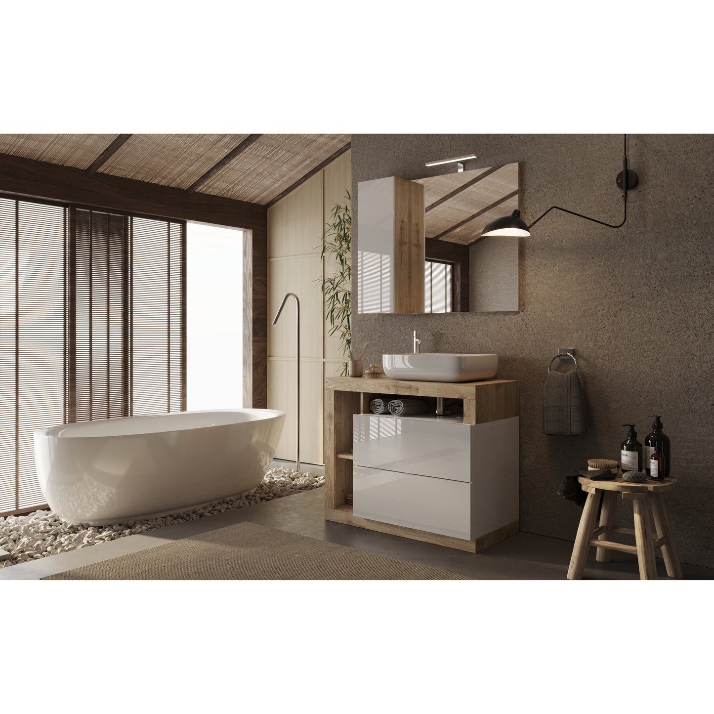 Lorenzo White Gloss & Cadiz Oak 2 Drawer 920mm Free Standing Vanity Unit with Basin - FurniComp