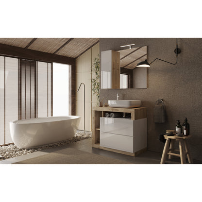 Lorenzo White Gloss & Cadiz Oak 2 Drawer 920mm Free Standing Vanity Unit with Basin - FurniComp