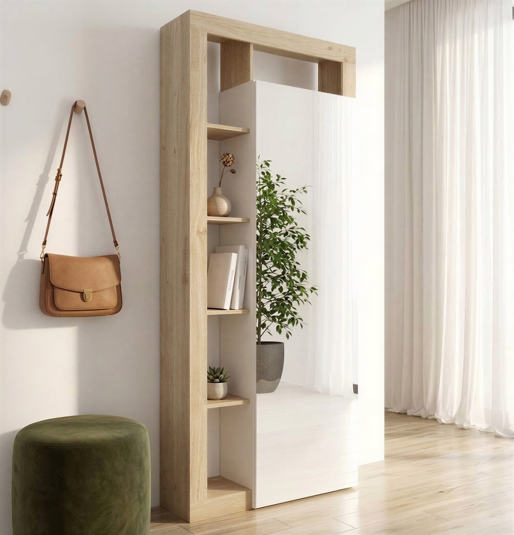 Lorenzo Cashmere and Cadiz Oak 1 Door Mirrored Tall Narrow Hallway Wardrobe - FurniComp