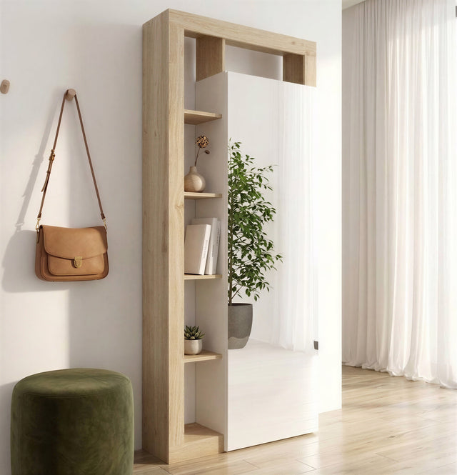 Lorenzo Cashmere and Cadiz Oak 1 Door Mirrored Tall Narrow Hallway Wardrobe - FurniComp