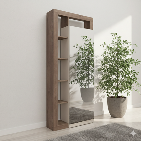 Lorenzo Cashmere and Mercure Oak 1 Door Mirrored Tall Narrow Hallway Wardrobe - FurniComp