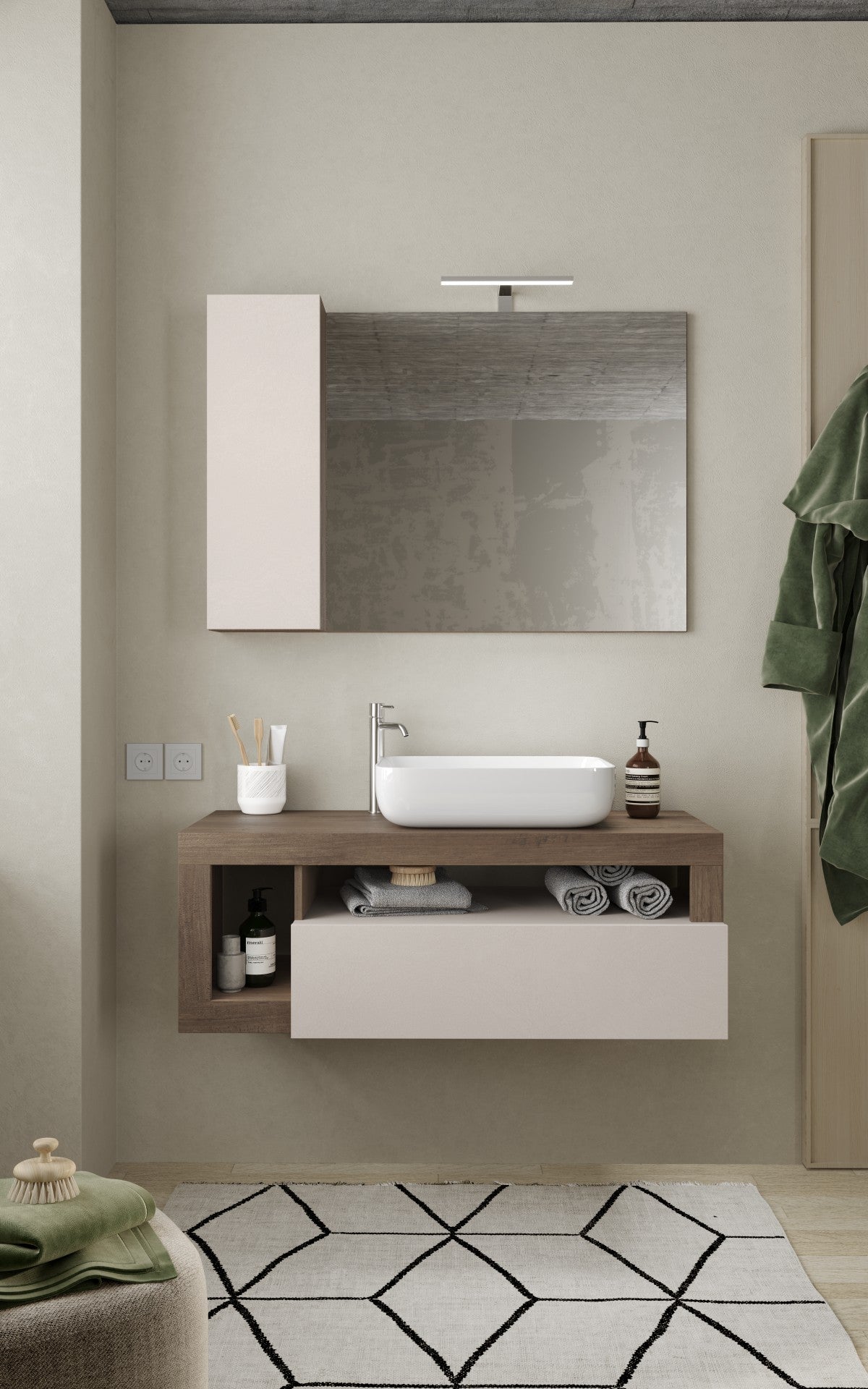 Lorenzo Cashmere and Mercure Oak 1 Drawer 1100mm Wall Hung Vanity Unit with Basin - FurniComp