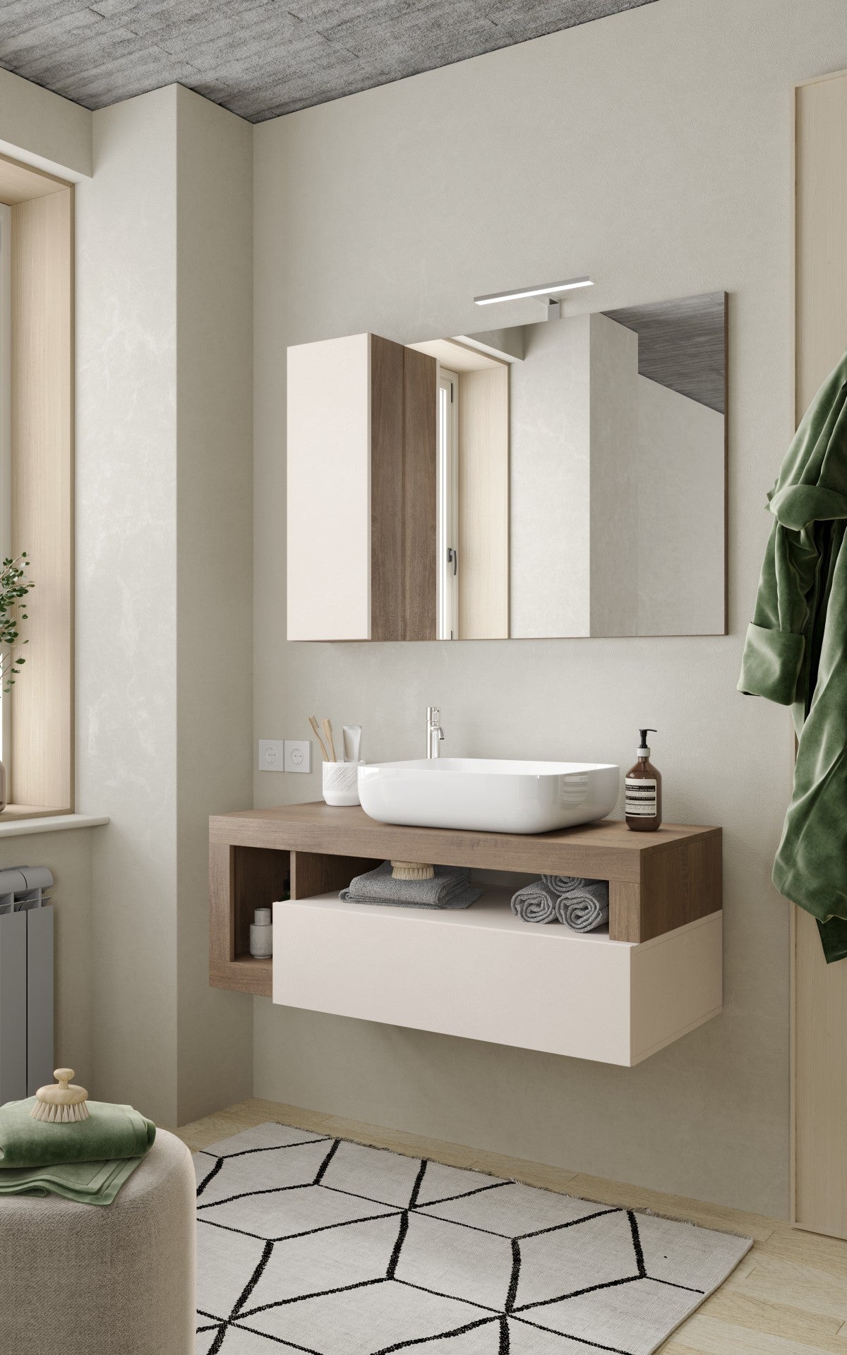 Lorenzo Cashmere and Mercure Oak 1 Drawer 1100mm Wall Hung Vanity Unit with Basin - FurniComp