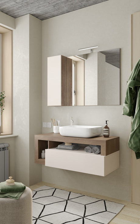 Lorenzo Cashmere and Mercure Oak 1 Drawer 1100mm Wall Hung Vanity Unit with Basin - FurniComp