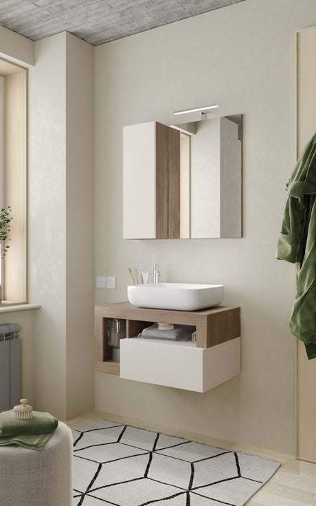 Lorenzo Cashmere and Mercure Oak 1 Drawer 790mm Wall Hung Vanity Unit with Basin - FurniComp