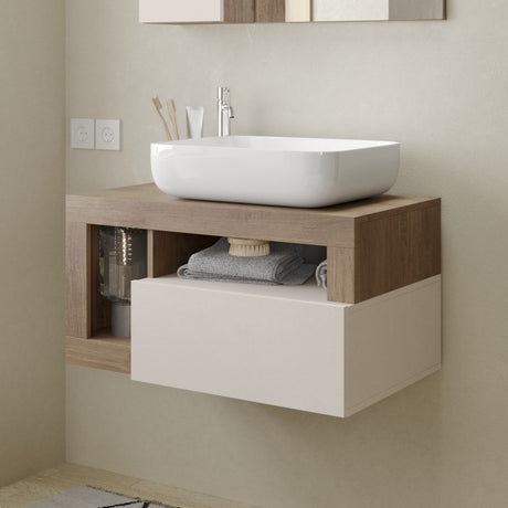Lorenzo Cashmere and Mercure Oak 1 Drawer 790mm Wall Hung Vanity Unit with Basin - FurniComp